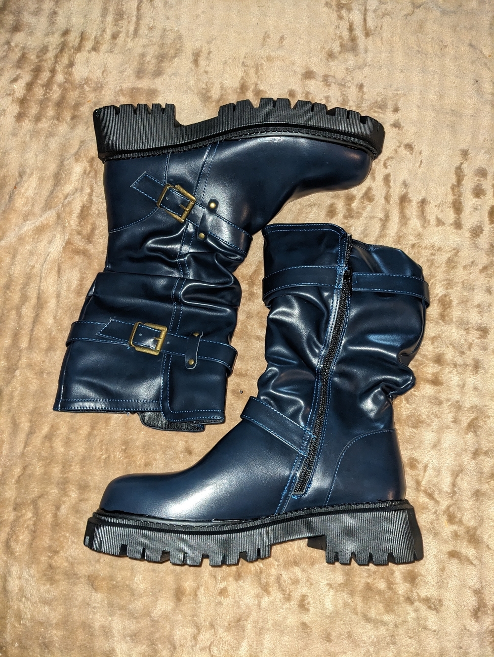 Women's Navy Mid-Calf Buckle Slouch Moto Combat Boots Size 39, 40,41